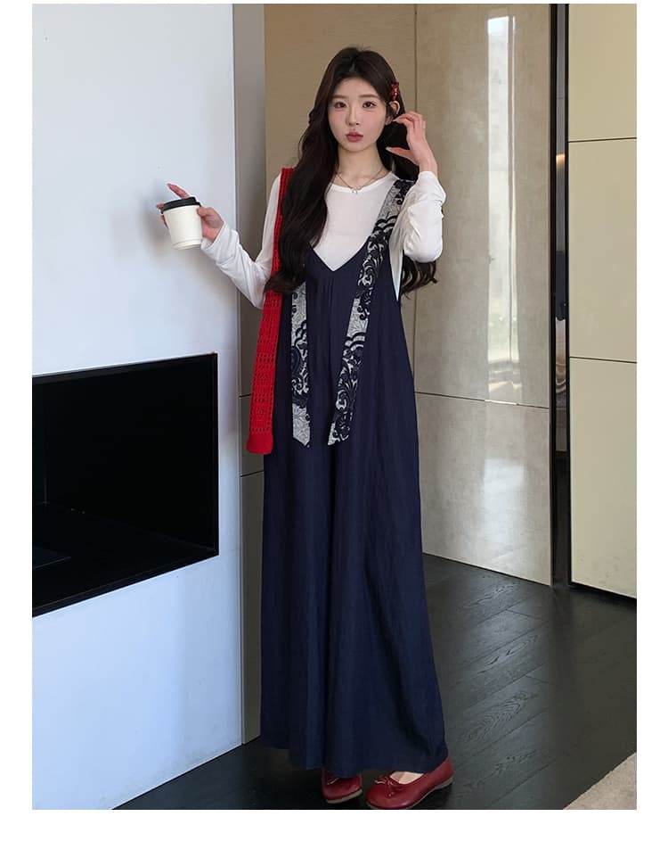 실사 지금 이른 가을 달콤함 프린트 넓은 다리 멜빵 바지 맨위 투피스 세트 세트 상세 이미지 16