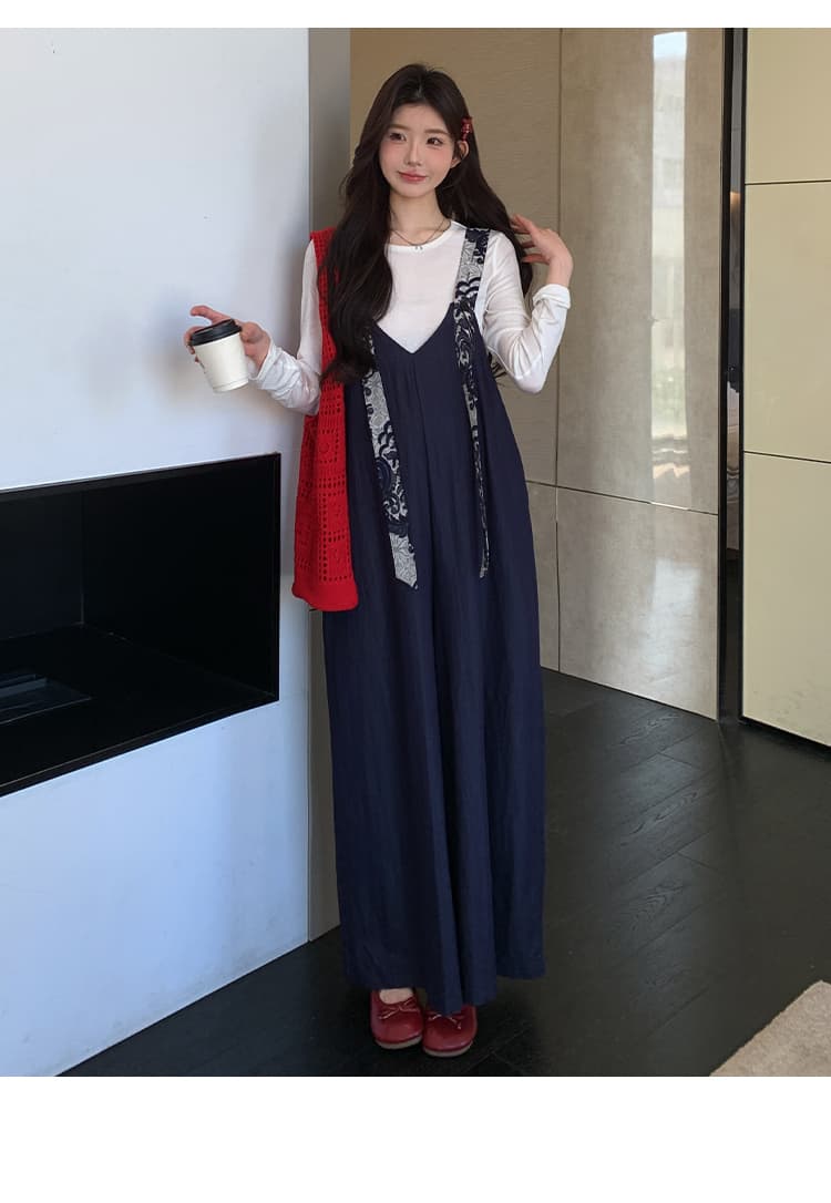 실사 지금 이른 가을 달콤함 프린트 넓은 다리 멜빵 바지 맨위 투피스 세트 세트 상세 이미지 23