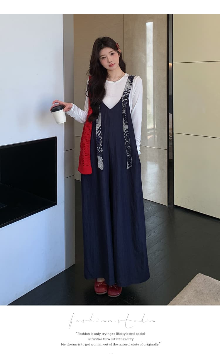 실사 지금 이른 가을 달콤함 프린트 넓은 다리 멜빵 바지 맨위 투피스 세트 세트 상세 이미지 24