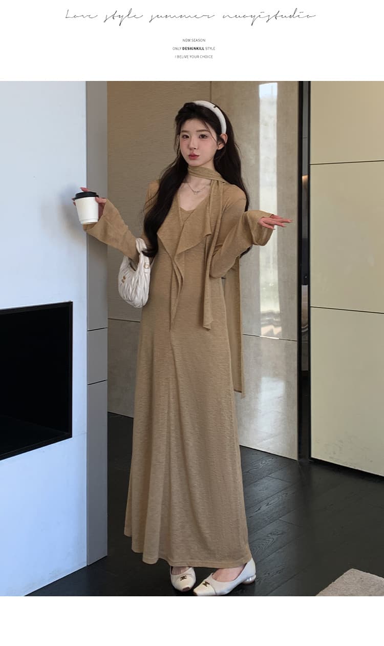 실사 지금 이른 가을 프랑스식 품격 V넥 리본 나팔 긴팔 프릴 드레스 두 조각 상세 이미지 13