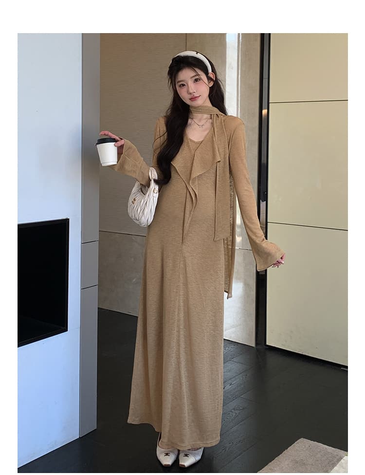실사 지금 이른 가을 프랑스식 품격 V넥 리본 나팔 긴팔 프릴 드레스 두 조각 상세 이미지 14