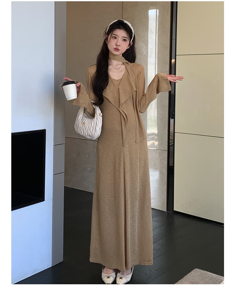 실사 지금 이른 가을 프랑스식 품격 V넥 리본 나팔 긴팔 프릴 드레스 두 조각 상세 이미지 15