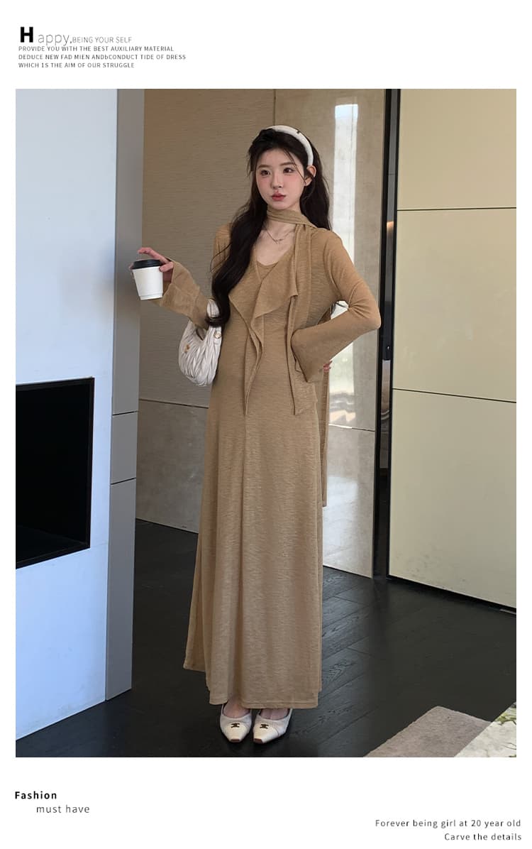 실사 지금 이른 가을 프랑스식 품격 V넥 리본 나팔 긴팔 프릴 드레스 두 조각 상세 이미지 16