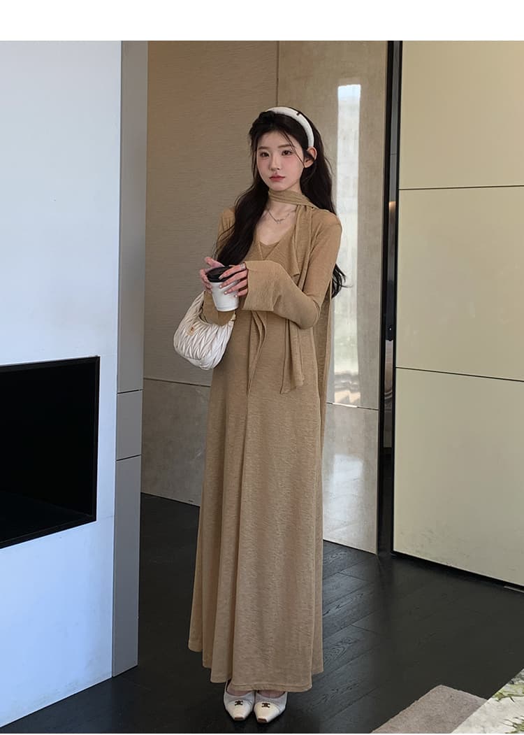 실사 지금 이른 가을 프랑스식 품격 V넥 리본 나팔 긴팔 프릴 드레스 두 조각 상세 이미지 17