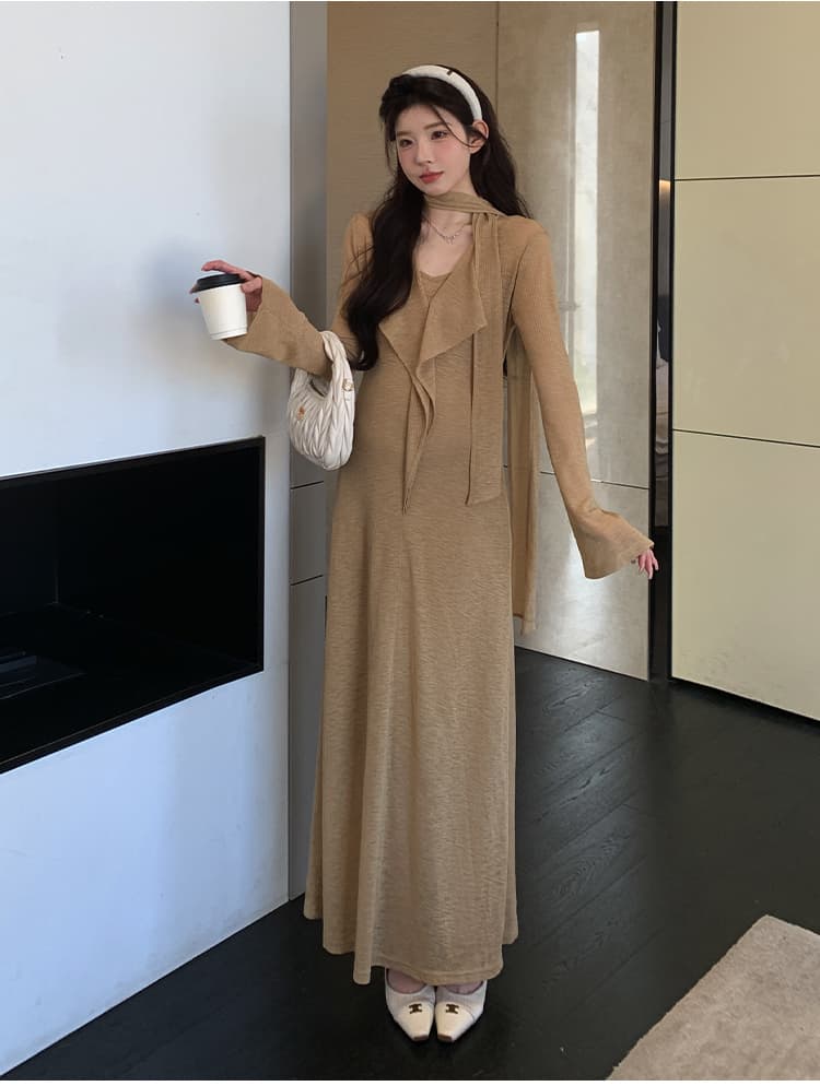 실사 지금 이른 가을 프랑스식 품격 V넥 리본 나팔 긴팔 프릴 드레스 두 조각 상세 이미지 18