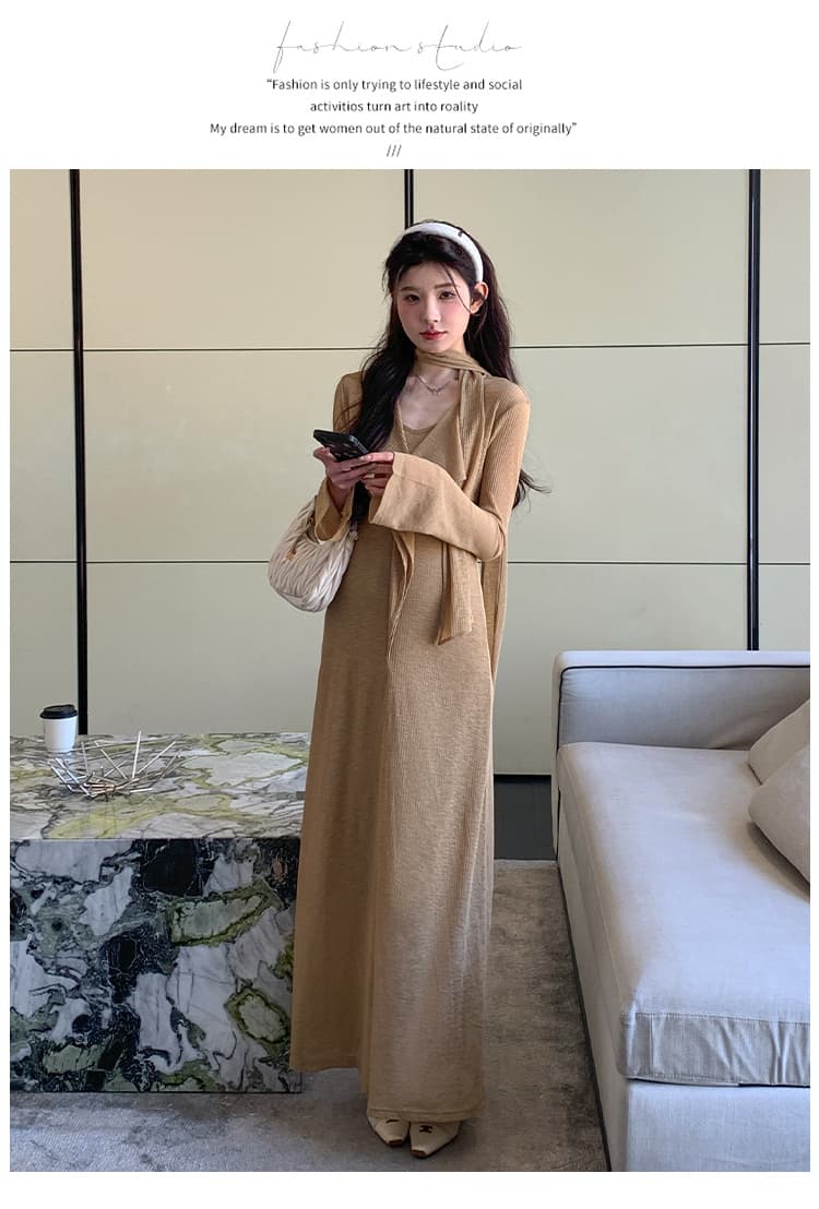 실사 지금 이른 가을 프랑스식 품격 V넥 리본 나팔 긴팔 프릴 드레스 두 조각 상세 이미지 19