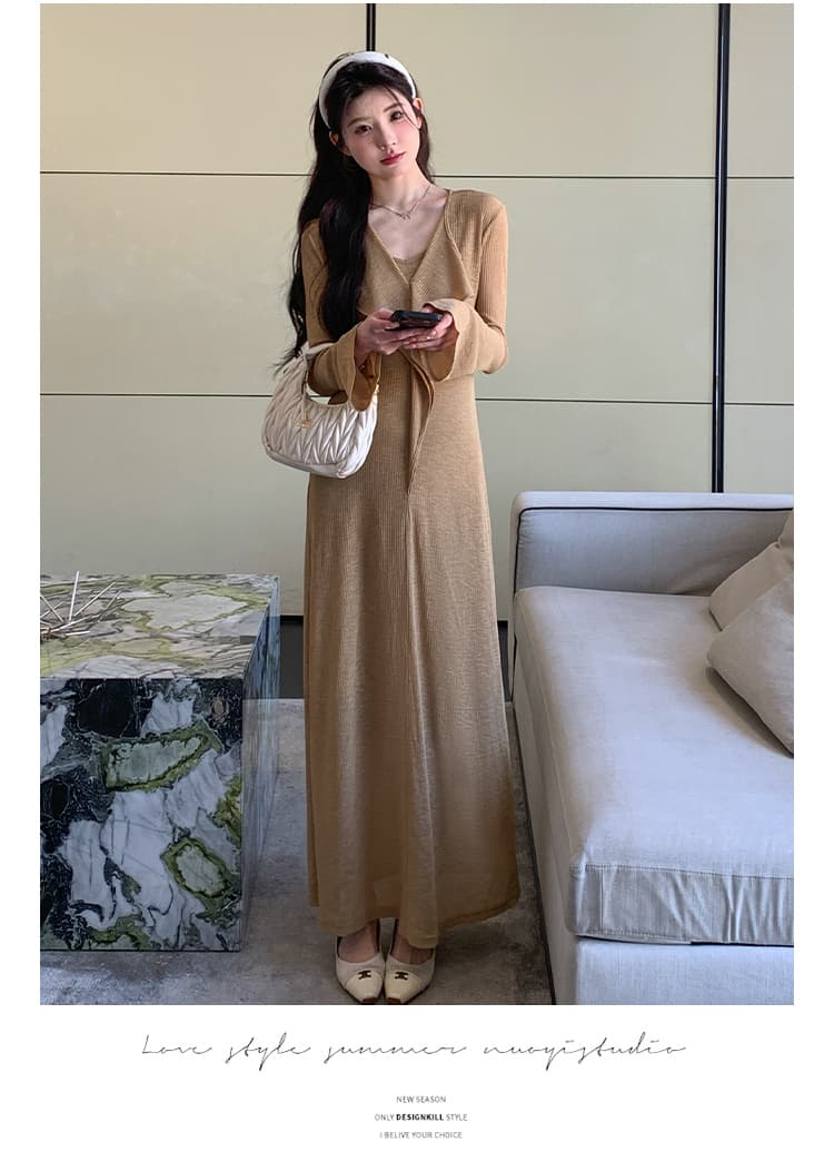 실사 지금 이른 가을 프랑스식 품격 V넥 리본 나팔 긴팔 프릴 드레스 두 조각 상세 이미지 21