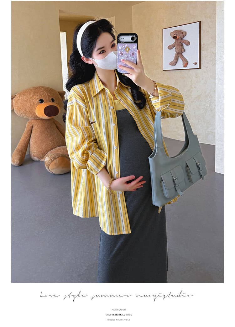 지금 실사 봄 여름 자수 아마 스트라이프 셔츠 페이크 레이어드 슬립 치마 세트 상세 이미지 22