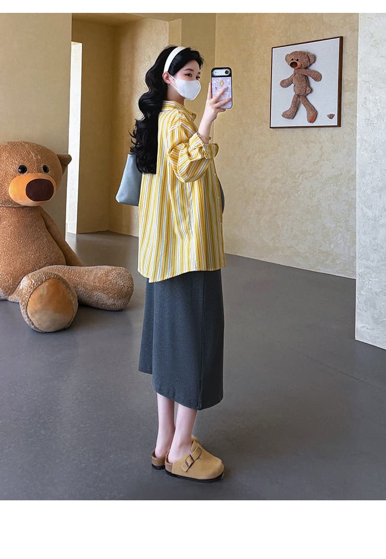 지금 실사 봄 여름 자수 아마 스트라이프 셔츠 페이크 레이어드 슬립 치마 세트 상세 이미지 23