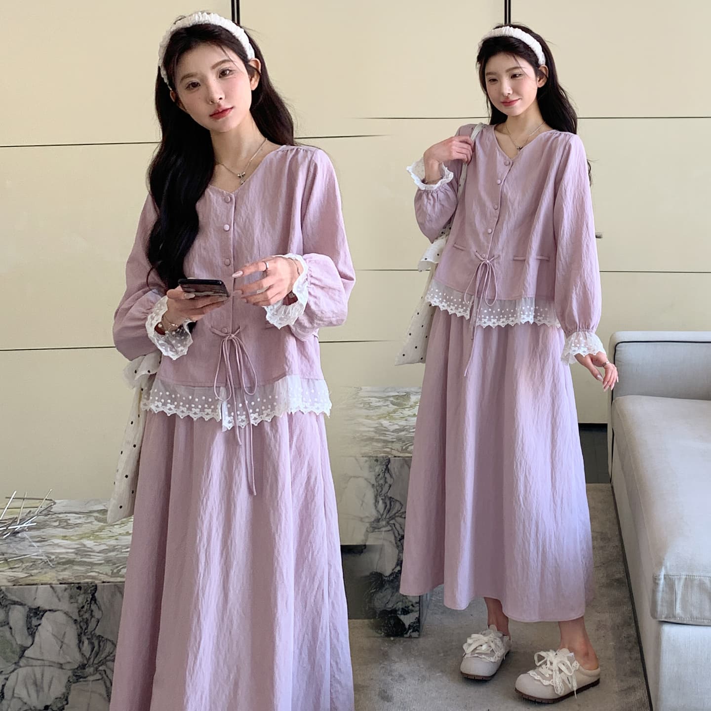 지금 실사 임산부 한 부서 레이스 조각 셔츠 연령 감소 캐주얼 투피스 세트 세트 이미지 5