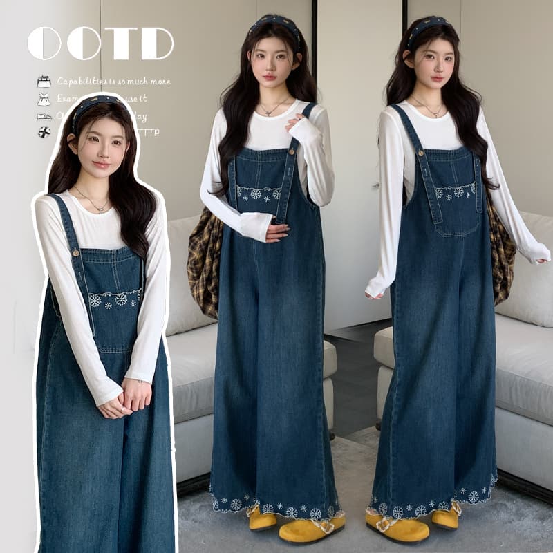 지금 실사 한 부서 레트로 레이스 자수 데님 멜빵 바지 화이트 t 맨위 세트 이미지 2