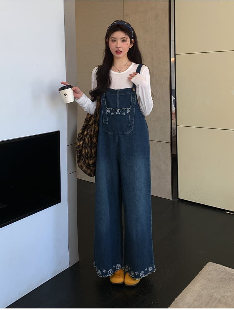 지금 실사 한 부서 레트로 레이스 자수 데님 멜빵 바지 화이트 t 맨위 세트 상세 이미지 18