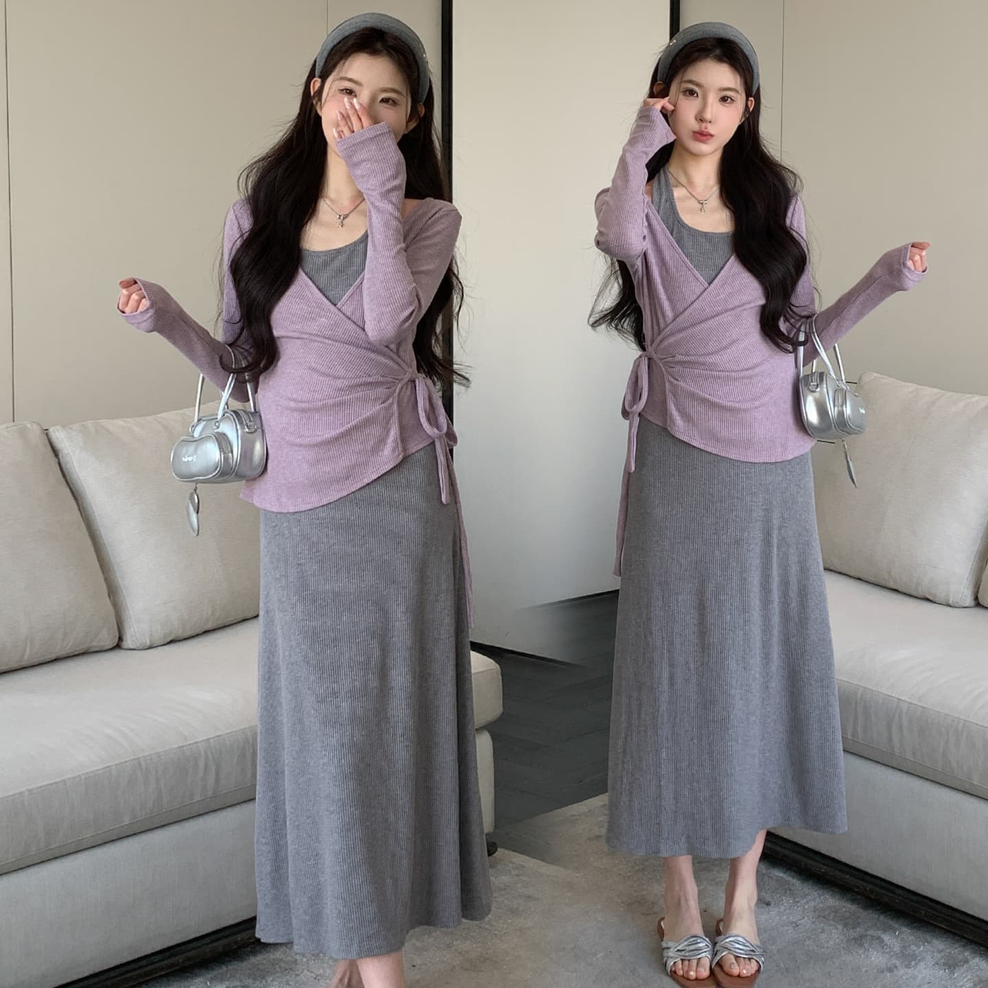 지금 실사 봄 가을 한 부서 행침 목 슬립 드레스 투피스 세트 세트 이미지 5