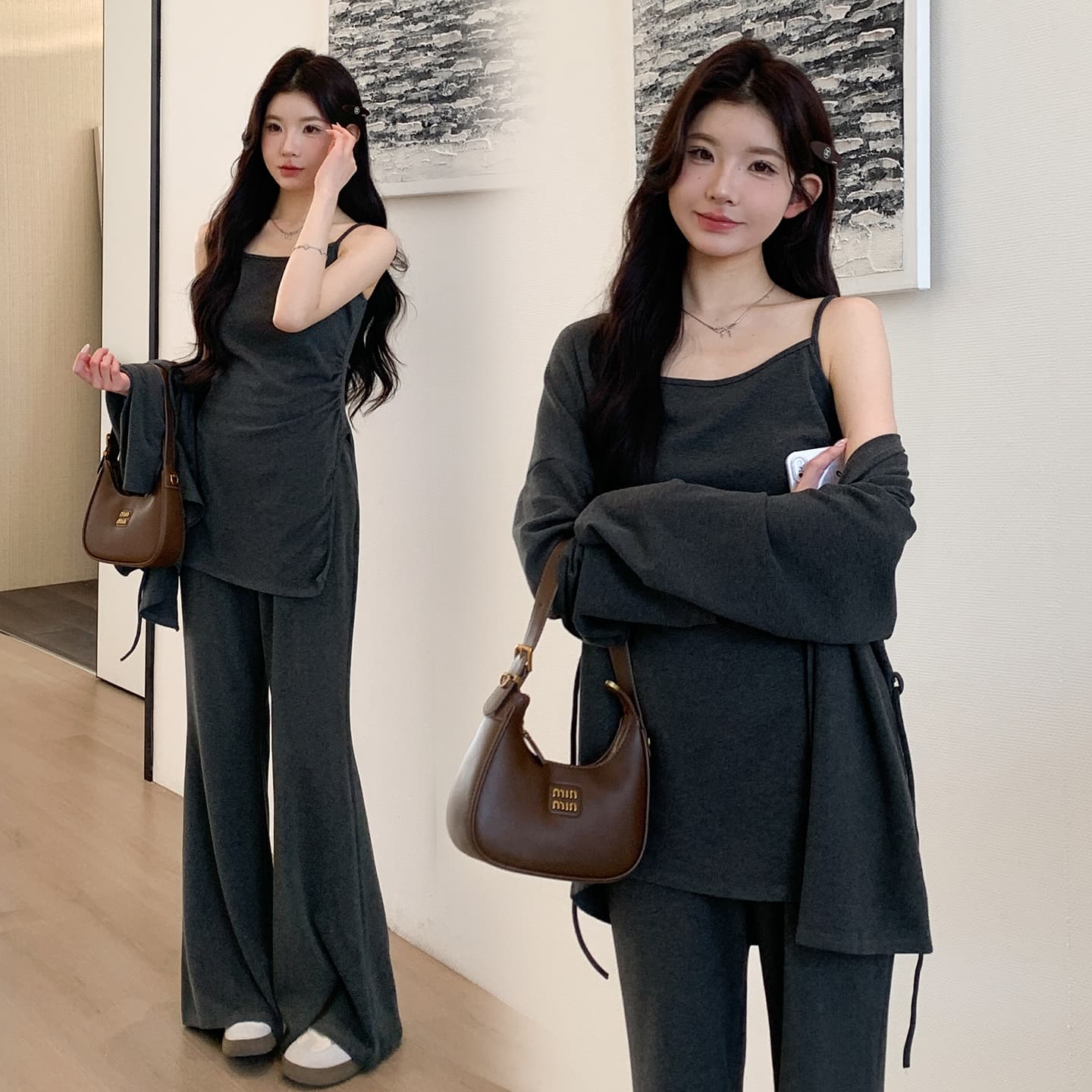 지금 실사 한국 스타일 niu 부서 패션 캐주얼 슬립 숄 나팔 바지 세 조각 세트 이미지 5