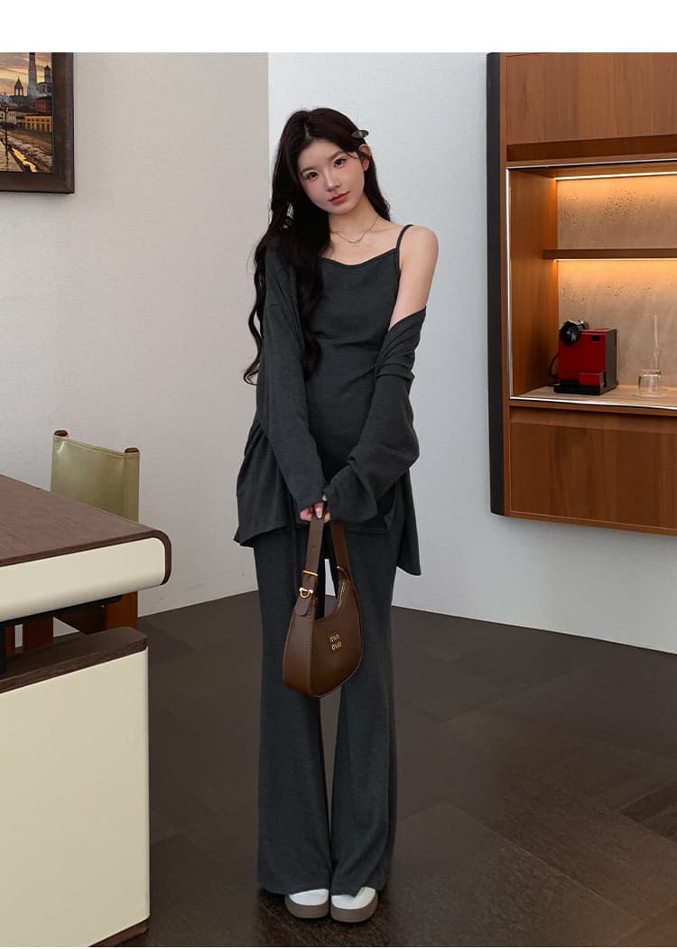 지금 실사 한국 스타일 niu 부서 패션 캐주얼 슬립 숄 나팔 바지 세 조각 세트 상세 이미지 18
