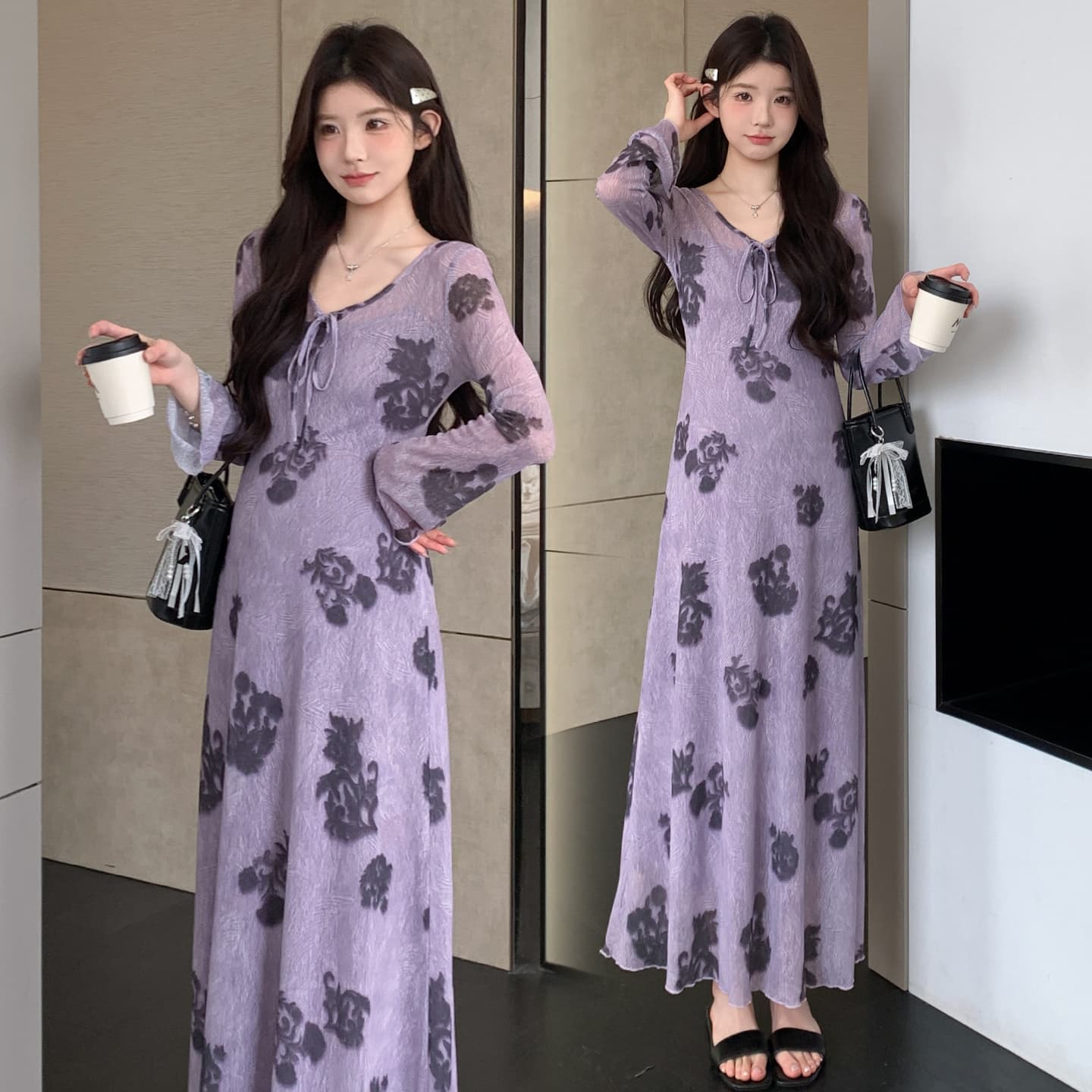 지금 실사 봄 가을 프랑스식 레트로 보라색 아마 인터넷 프린트 긴팔 투피스 드레스 이미지 5
