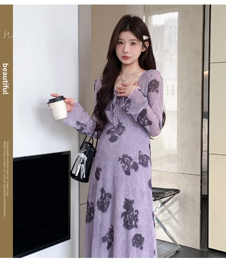 지금 실사 봄 가을 프랑스식 레트로 보라색 아마 인터넷 프린트 긴팔 투피스 드레스 상세 이미지 5
