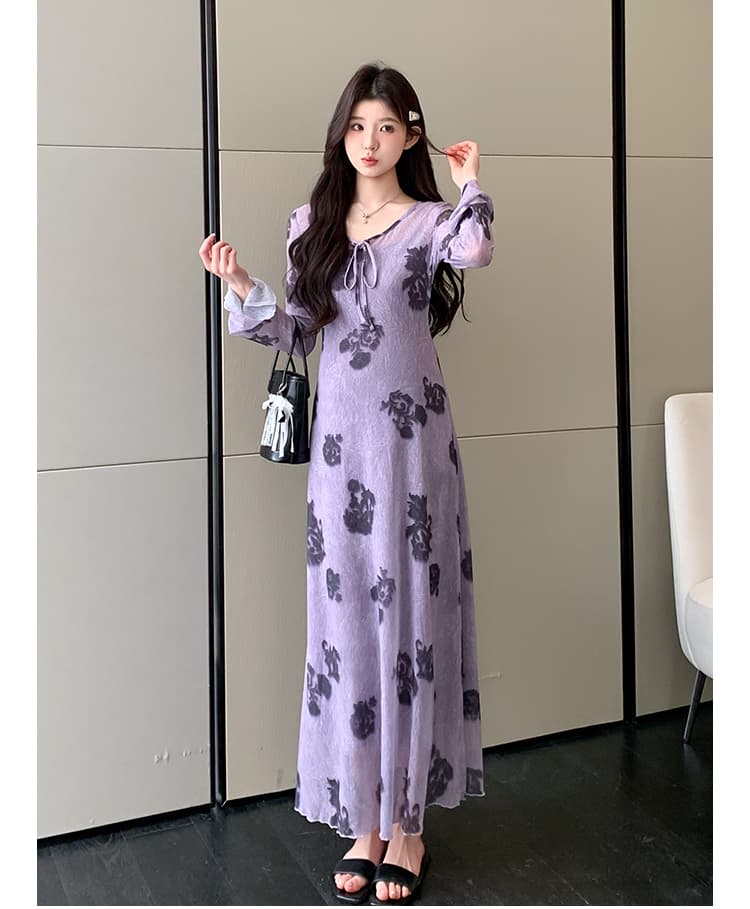 지금 실사 봄 가을 프랑스식 레트로 보라색 아마 인터넷 프린트 긴팔 투피스 드레스 상세 이미지 9