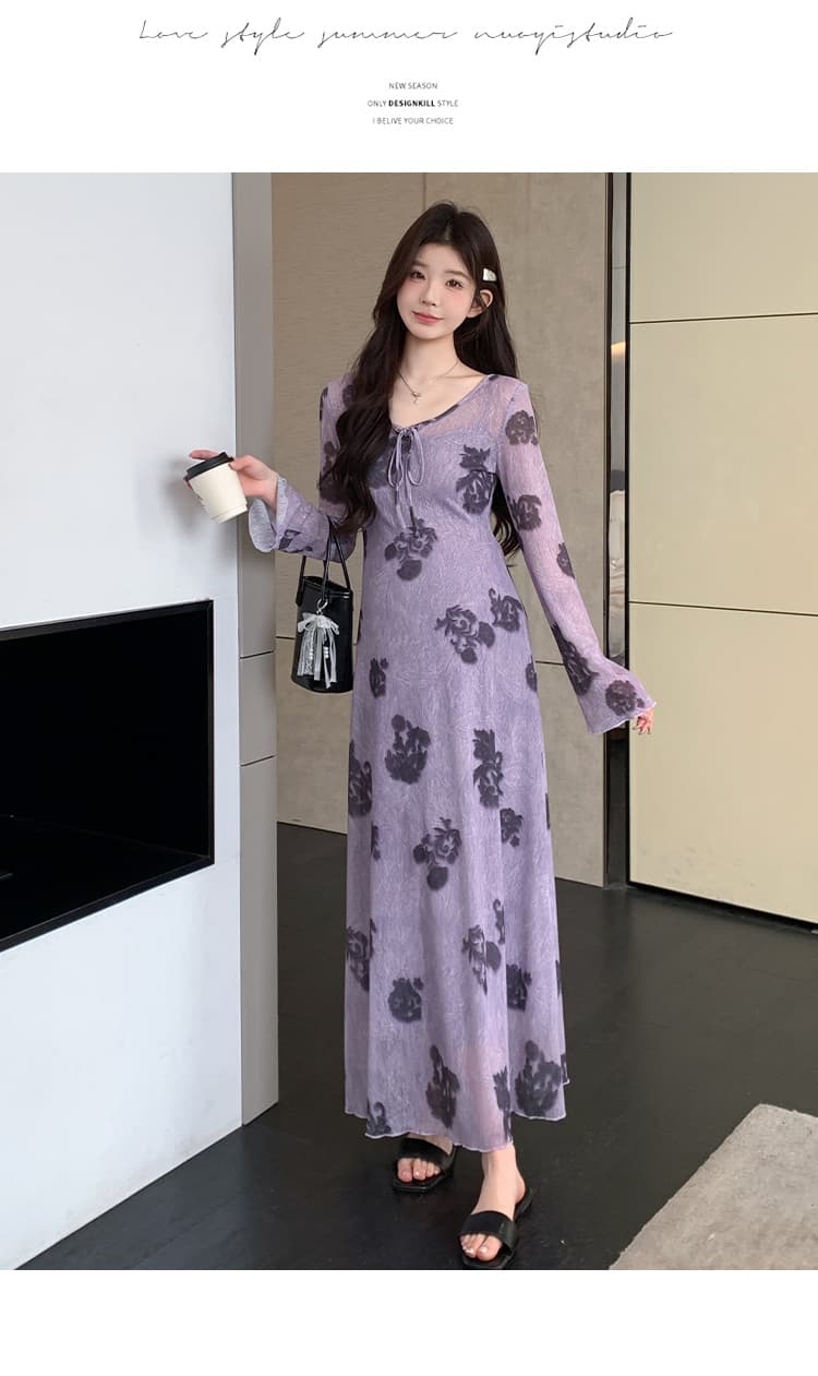 지금 실사 봄 가을 프랑스식 레트로 보라색 아마 인터넷 프린트 긴팔 투피스 드레스 상세 이미지 14