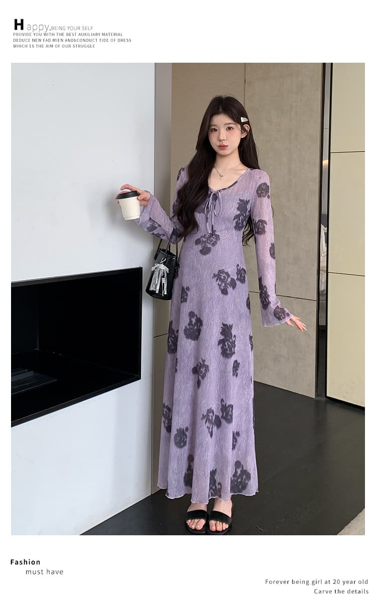 지금 실사 봄 가을 프랑스식 레트로 보라색 아마 인터넷 프린트 긴팔 투피스 드레스 상세 이미지 17