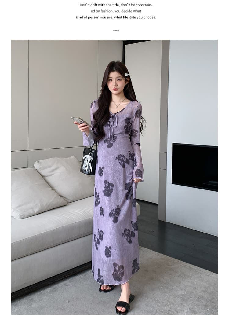 지금 실사 봄 가을 프랑스식 레트로 보라색 아마 인터넷 프린트 긴팔 투피스 드레스 상세 이미지 21