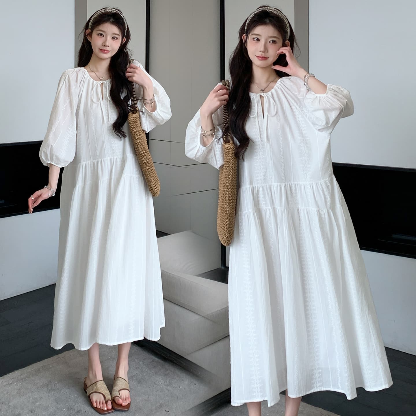 지금 실사 봄 가을 프랑스식 무거운 작업 자수 루즈핏 부드러운 바람 화이트 드레스 이미지 4