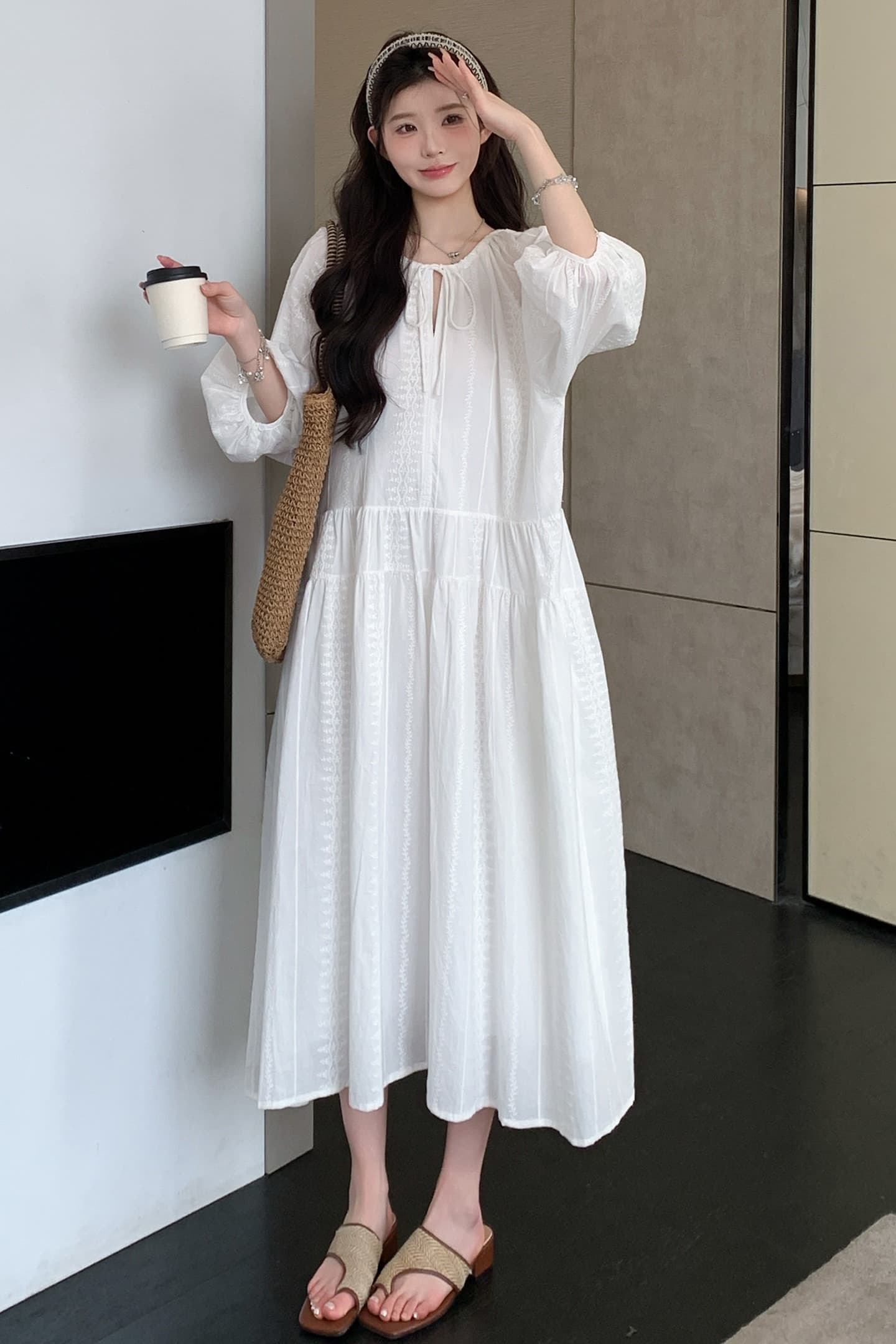 지금 실사 봄 가을 프랑스식 무거운 작업 자수 루즈핏 부드러운 바람 화이트 드레스 이미지 7
