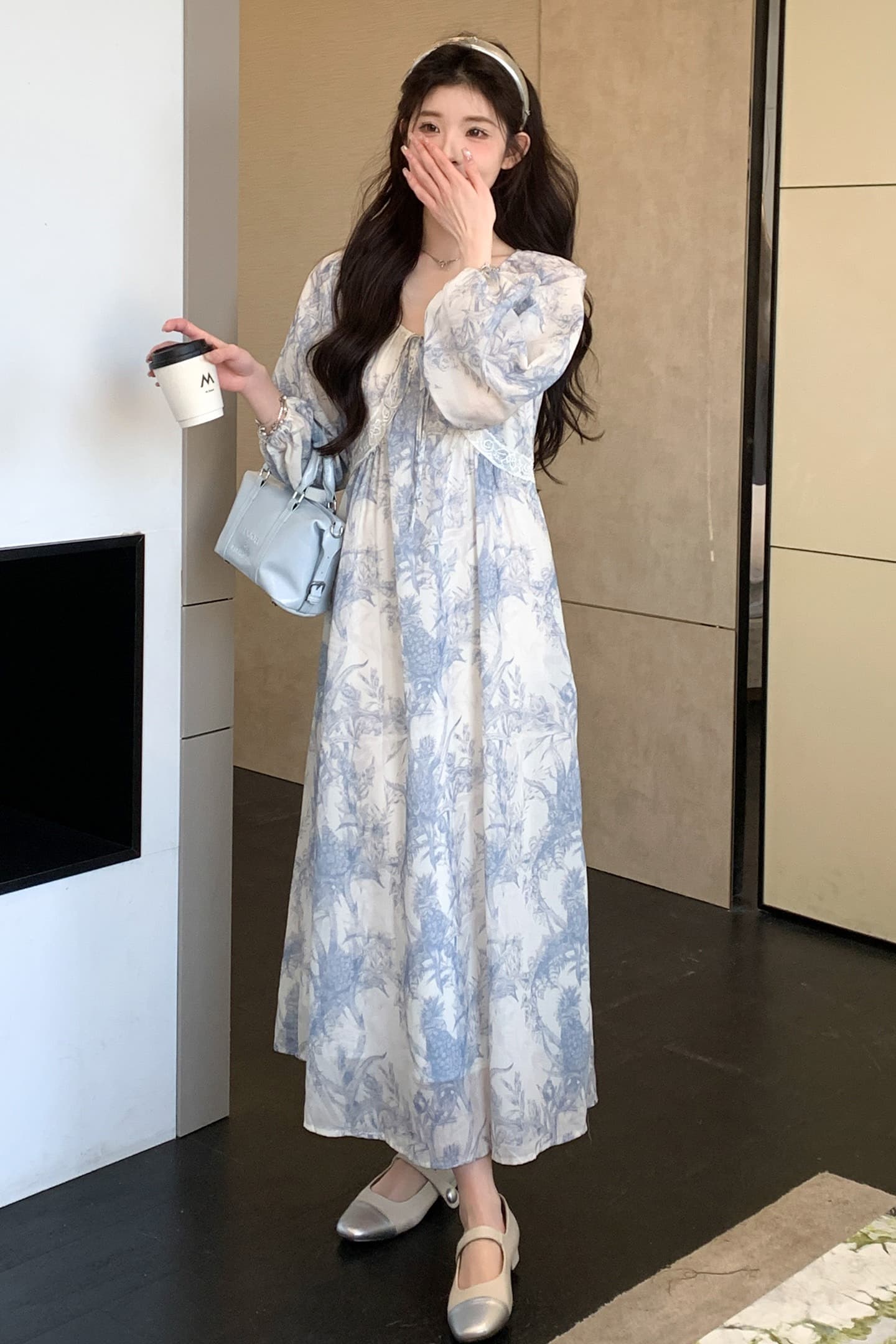 지금 실사 봄 가을 프랑스식 루즈핏 프린트 빅 사이즈 드레스 이미지 7