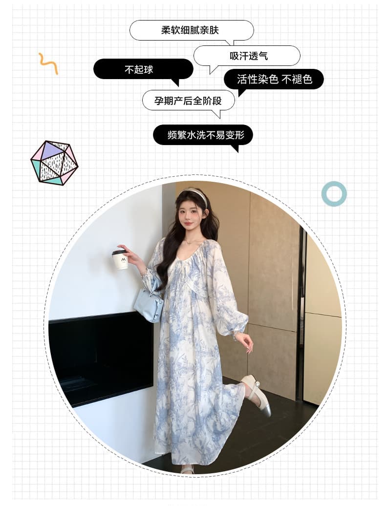 지금 실사 봄 가을 프랑스식 루즈핏 프린트 빅 사이즈 드레스 상세 이미지 2