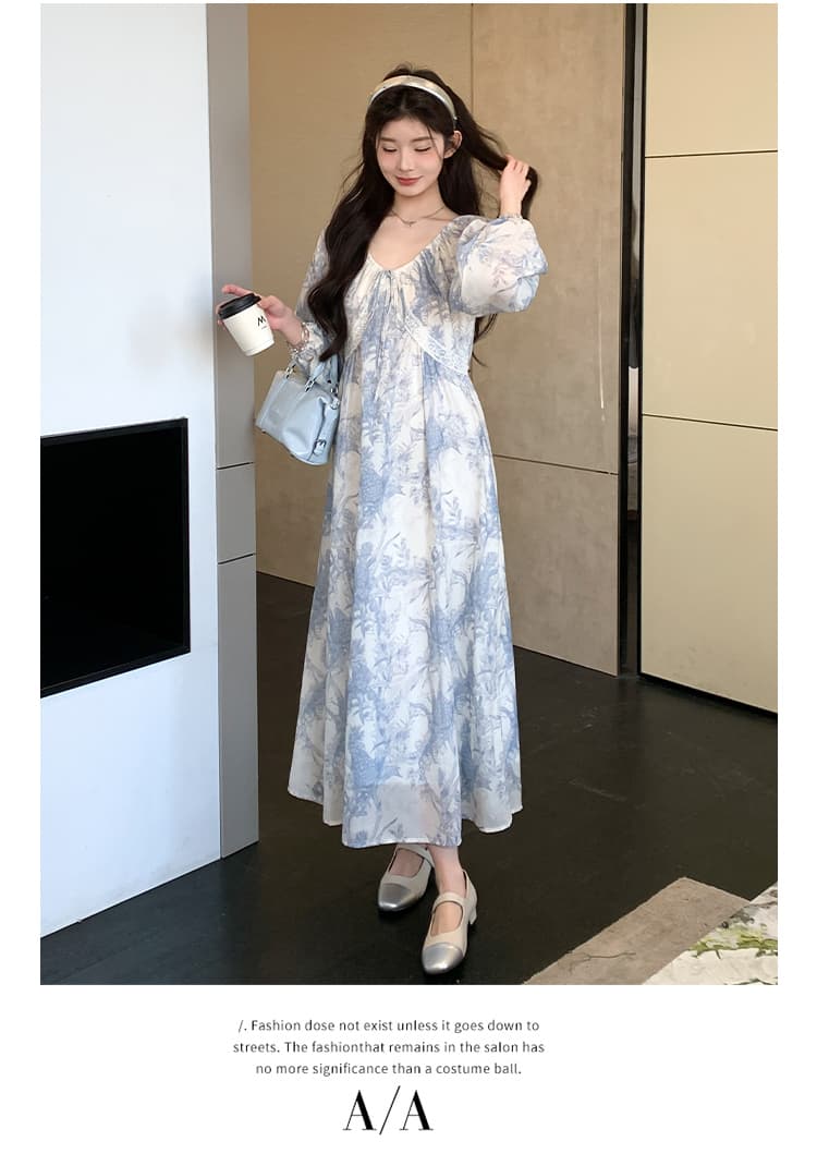 지금 실사 봄 가을 프랑스식 루즈핏 프린트 빅 사이즈 드레스 상세 이미지 8