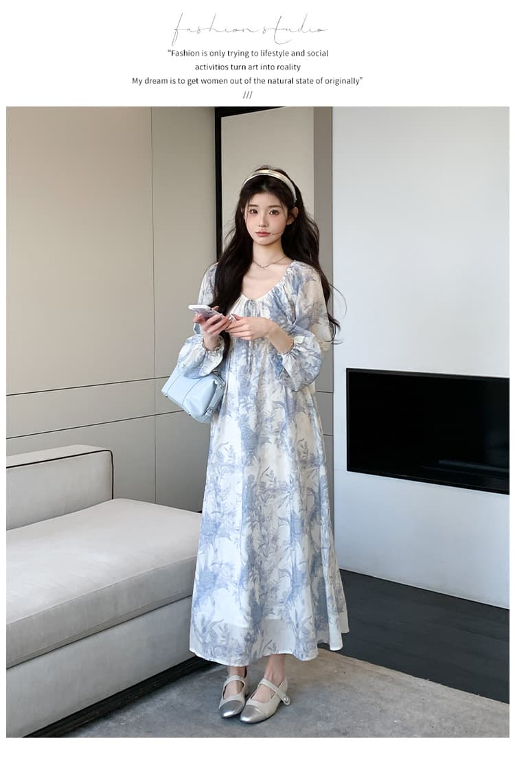 지금 실사 봄 가을 프랑스식 루즈핏 프린트 빅 사이즈 드레스 상세 이미지 18