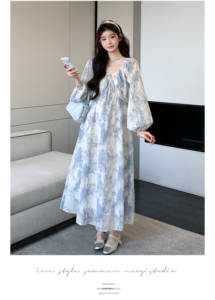 지금 실사 봄 가을 프랑스식 루즈핏 프린트 빅 사이즈 드레스 상세 이미지 20