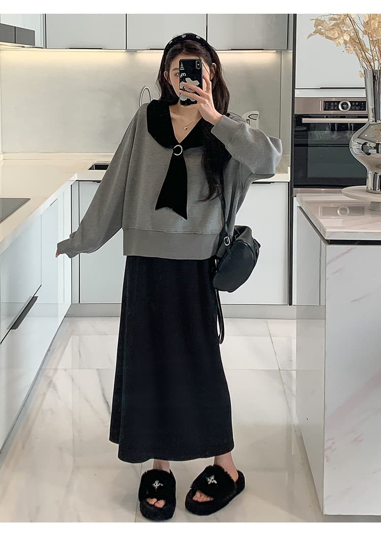 지금 실사 가을 겨울 한 부서 루즈핏 캐주얼 학원 스타일 후드티 돼지 코 버클 반 스커트 세트 상세 이미지 10