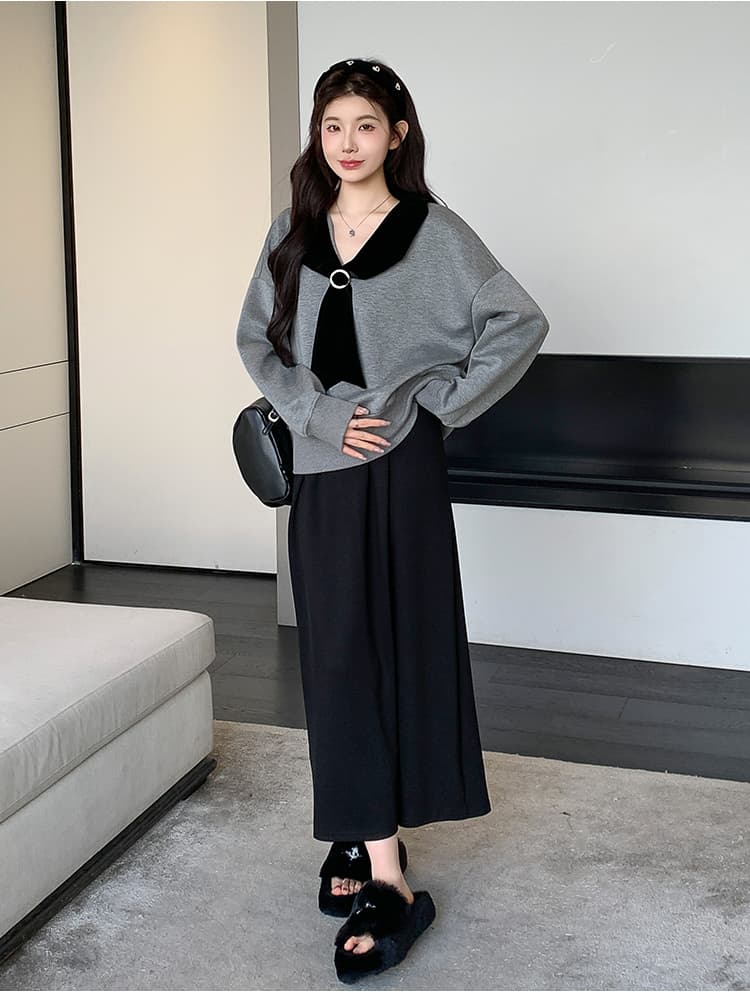 지금 실사 가을 겨울 한 부서 루즈핏 캐주얼 학원 스타일 후드티 돼지 코 버클 반 스커트 세트 상세 이미지 12