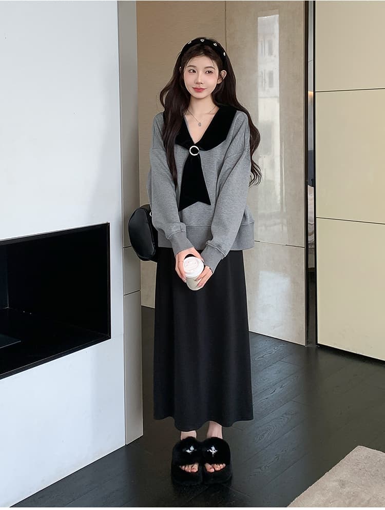 지금 실사 가을 겨울 한 부서 루즈핏 캐주얼 학원 스타일 후드티 돼지 코 버클 반 스커트 세트 상세 이미지 18