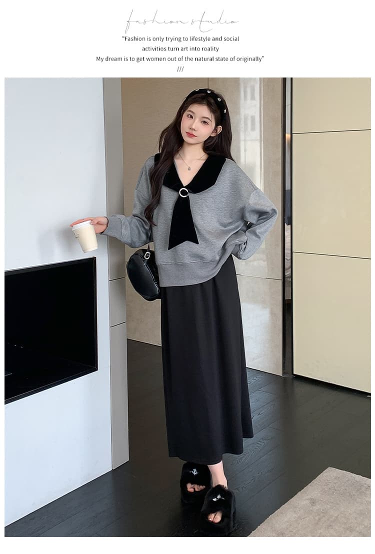 지금 실사 가을 겨울 한 부서 루즈핏 캐주얼 학원 스타일 후드티 돼지 코 버클 반 스커트 세트 상세 이미지 19