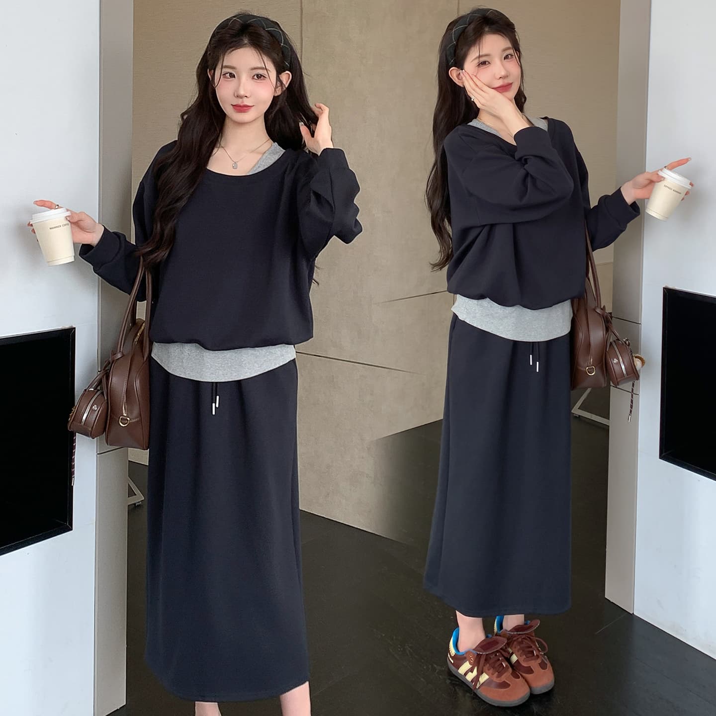 지금 실사 봄 가을 한 부서 페이크 레이어드 맨위 후드티 돼지 코 버클 반 스커트 세트 이미지 4