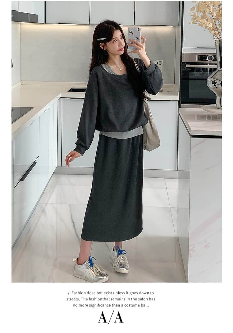 지금 실사 봄 가을 한 부서 페이크 레이어드 맨위 후드티 돼지 코 버클 반 스커트 세트 상세 이미지 9