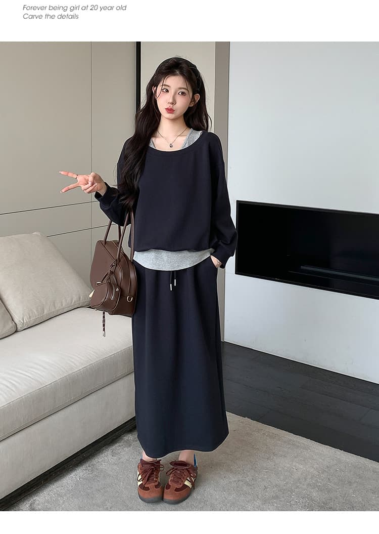 지금 실사 봄 가을 한 부서 페이크 레이어드 맨위 후드티 돼지 코 버클 반 스커트 세트 상세 이미지 28