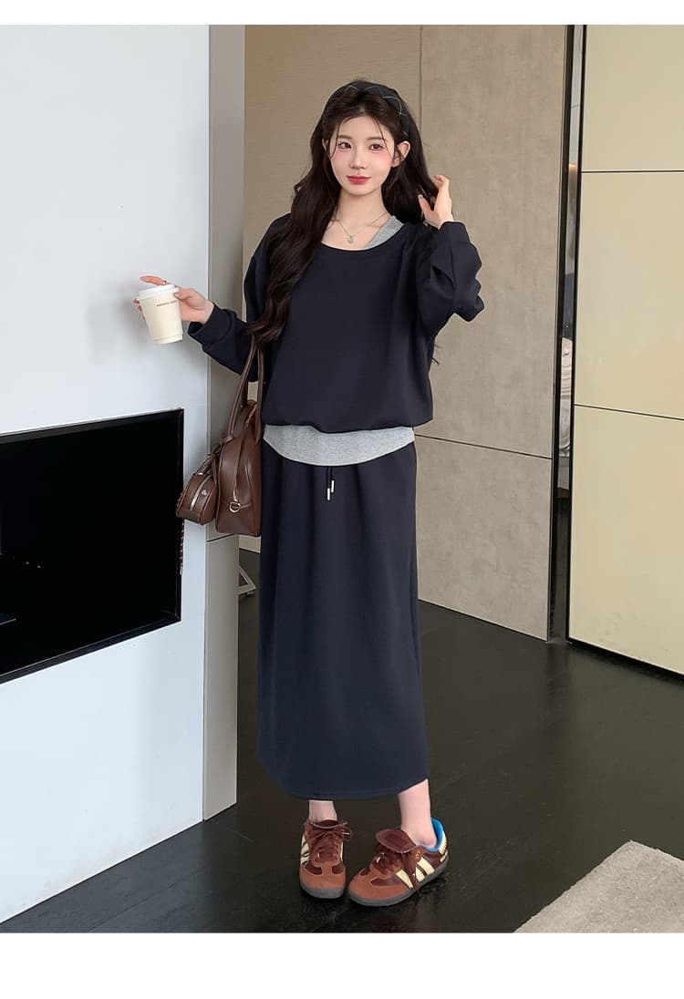 지금 실사 봄 가을 한 부서 페이크 레이어드 맨위 후드티 돼지 코 버클 반 스커트 세트 상세 이미지 31