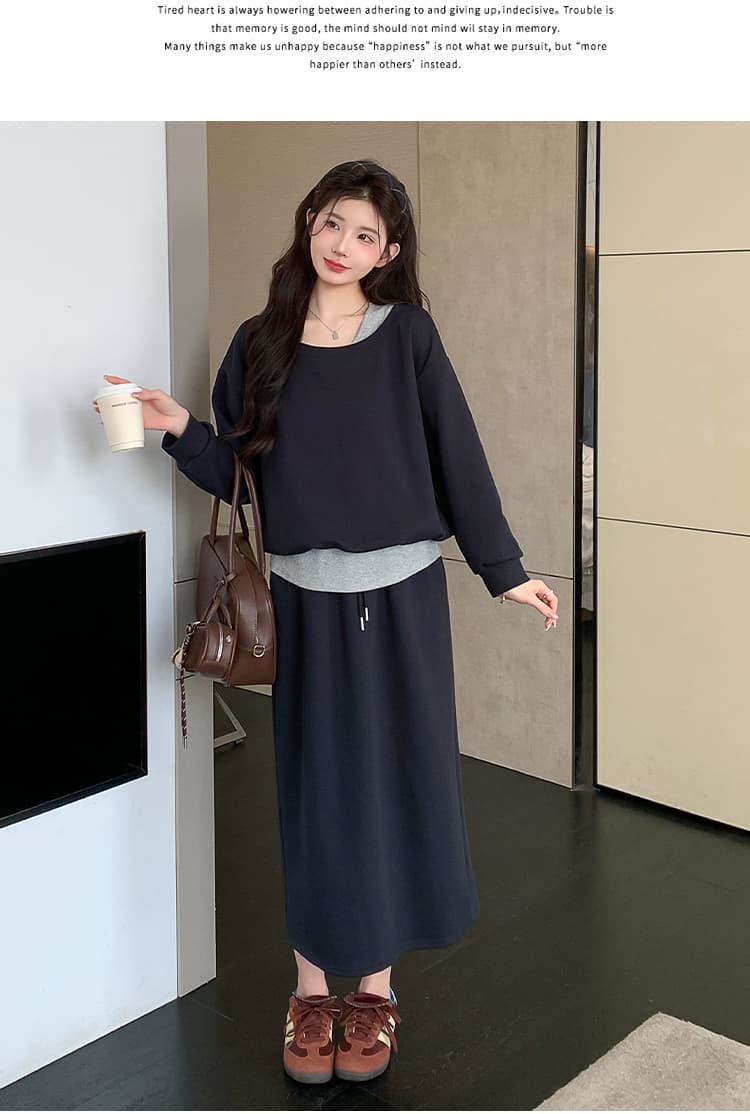 지금 실사 봄 가을 한 부서 페이크 레이어드 맨위 후드티 돼지 코 버클 반 스커트 세트 상세 이미지 32