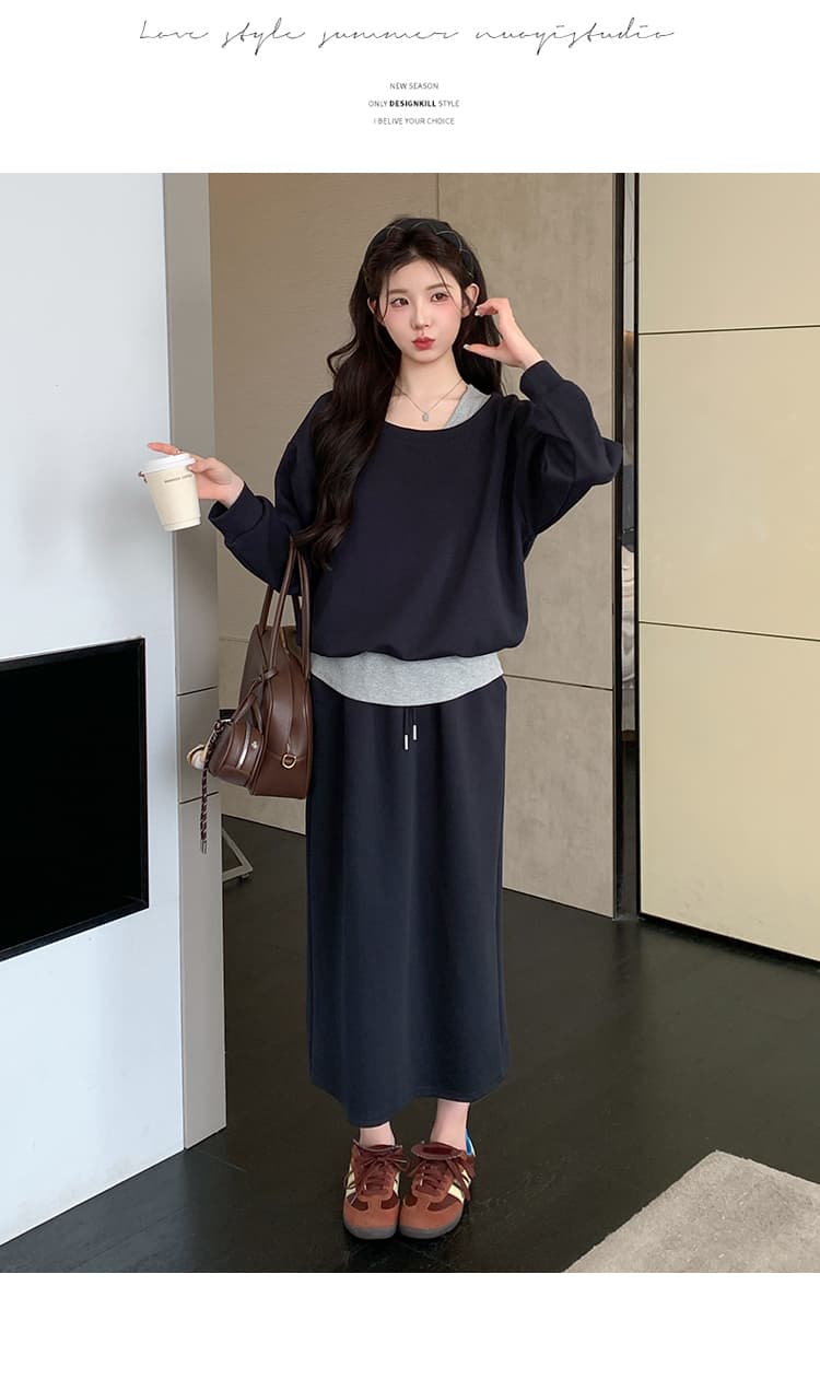 지금 실사 봄 가을 한 부서 페이크 레이어드 맨위 후드티 돼지 코 버클 반 스커트 세트 상세 이미지 34