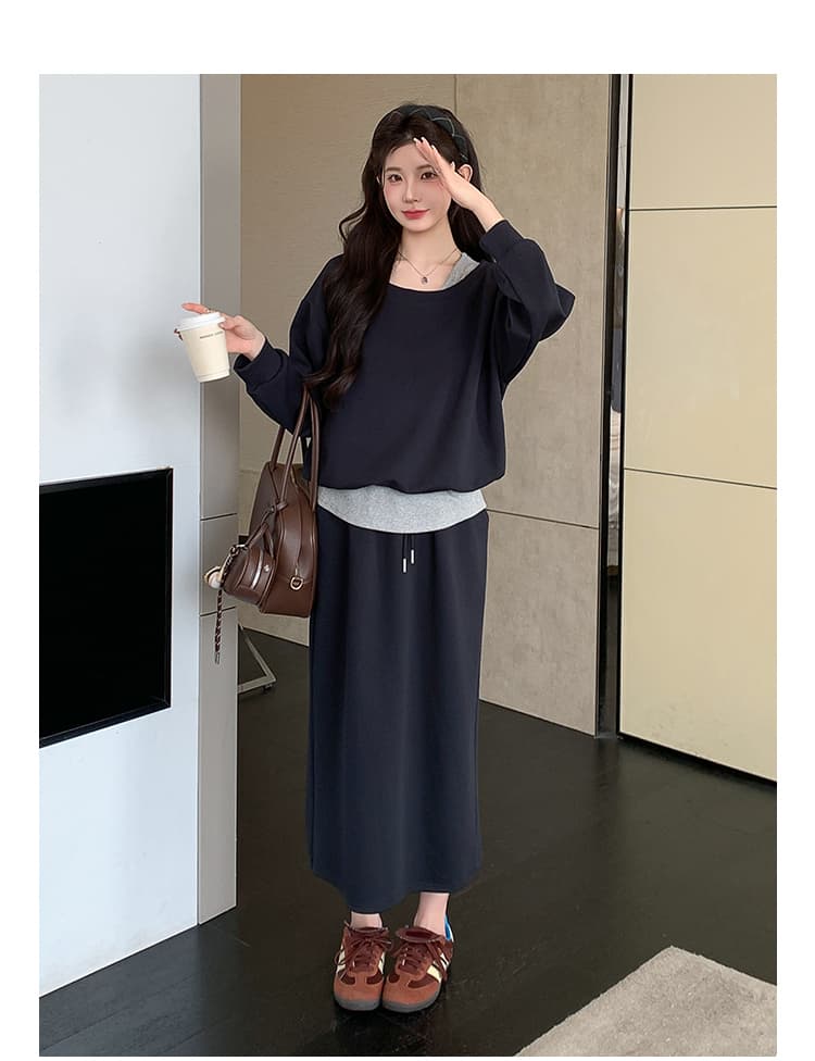 지금 실사 봄 가을 한 부서 페이크 레이어드 맨위 후드티 돼지 코 버클 반 스커트 세트 상세 이미지 35