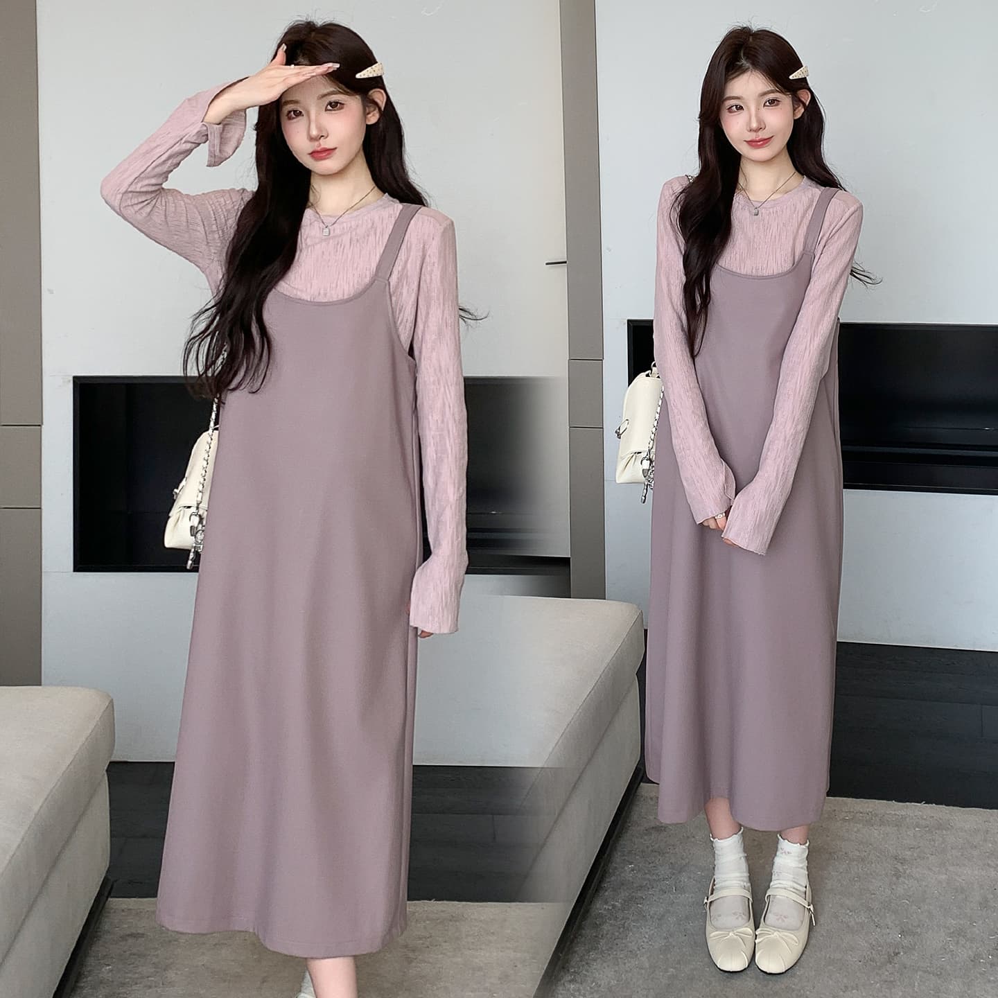 지금 실사 가을 겨울 한 부서 느긋한 바람 캐주얼 PU 가죽 조끼 스커트 보라색 맨위 세트 이미지 4