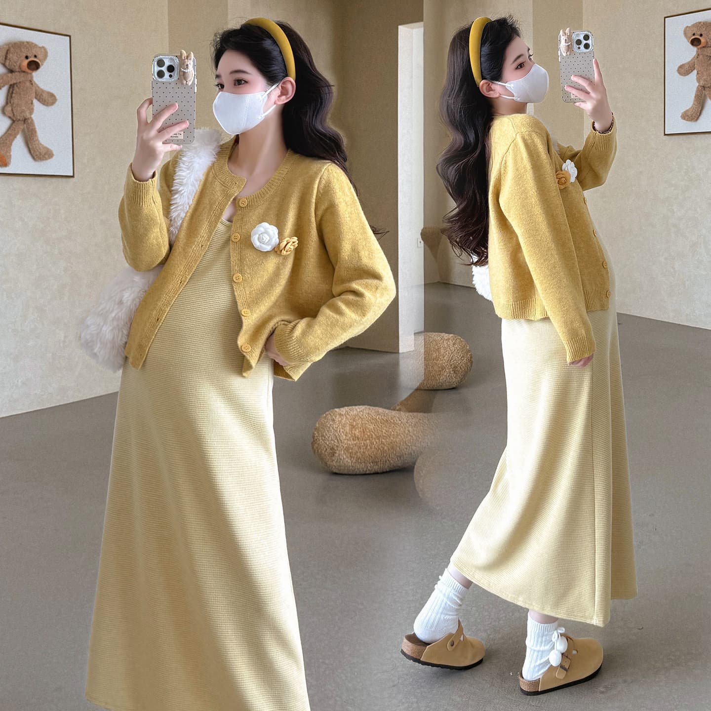 지금 실사 봄 가을 한 부서 품격 라운드 넥 꽃 스웨터 코트 조끼 치마 세트 이미지 3
