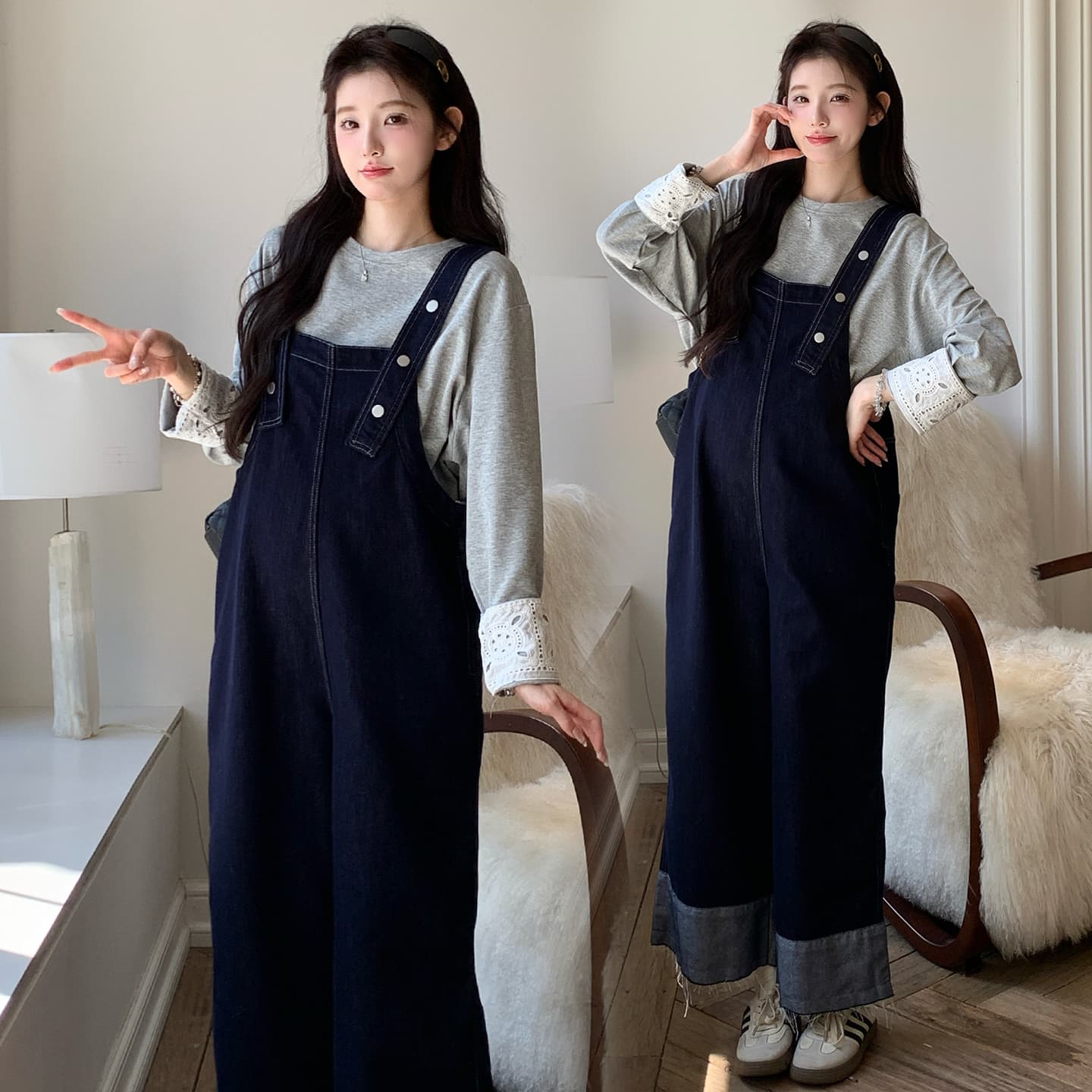 지금 실사 가을 겨울 후드티 패치워크 레이스 맨위 데님 멜빵 바지 세트 이미지 4