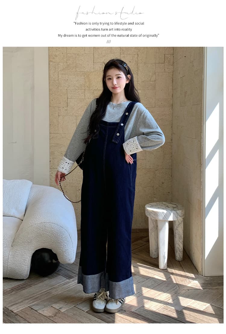 지금 실사 가을 겨울 후드티 패치워크 레이스 맨위 데님 멜빵 바지 세트 상세 이미지 18