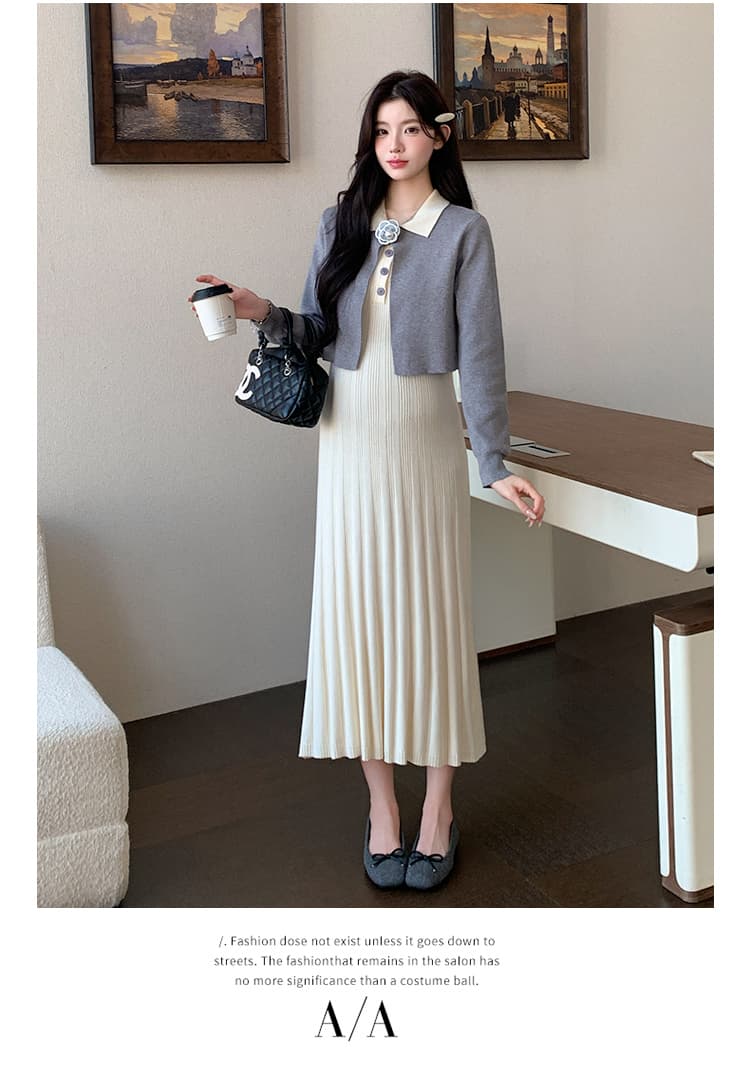 지금 실사 가을 겨울 niu 부서 꽃 부드러운 연령 감소 스택 착용 니트 오픈 가디건 조끼 원피스 세트 상세 이미지 9