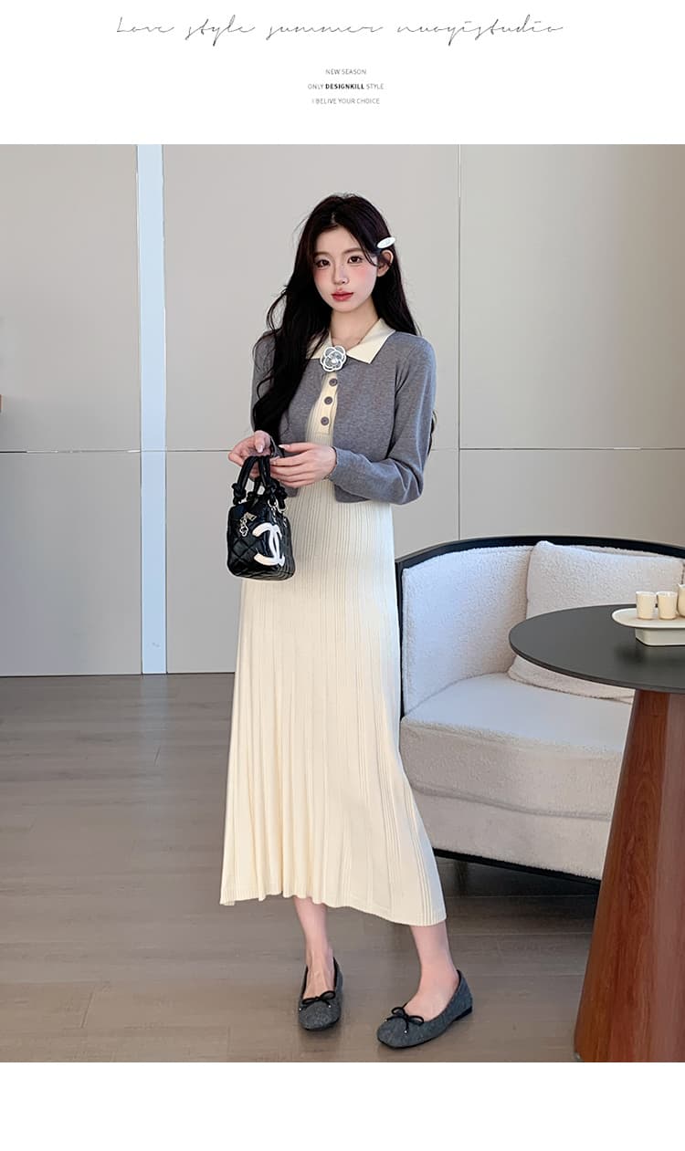 지금 실사 가을 겨울 niu 부서 꽃 부드러운 연령 감소 스택 착용 니트 오픈 가디건 조끼 원피스 세트 상세 이미지 13