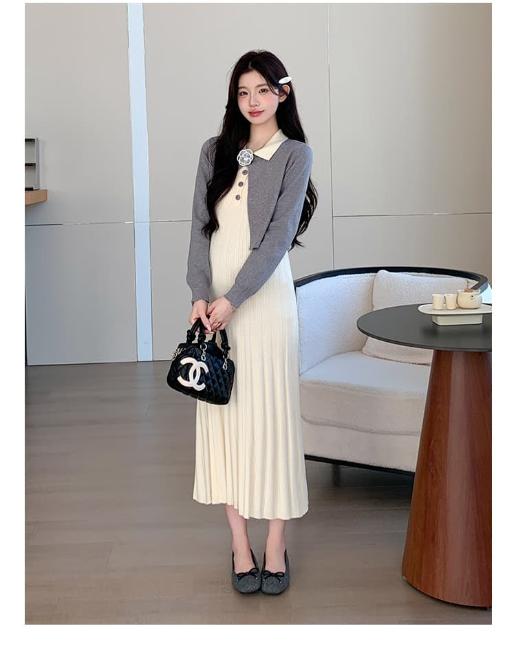 지금 실사 가을 겨울 niu 부서 꽃 부드러운 연령 감소 스택 착용 니트 오픈 가디건 조끼 원피스 세트 상세 이미지 15